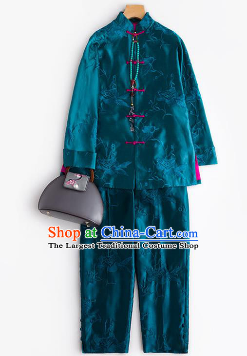 Chinese Embroidery Peony Blue Silk Jacket Traditional National Clothing Women Outer Garment Embroidered Silk Coat