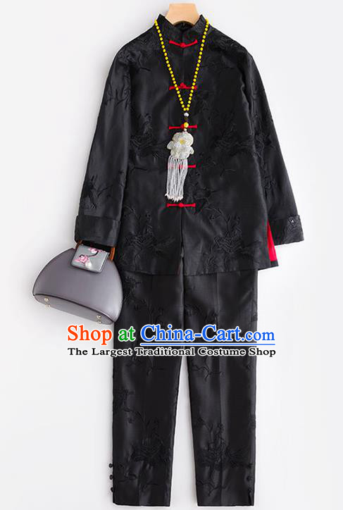 Chinese Women Outer Garment Embroidered Silk Coat Embroidery Peony Black Silk Jacket Traditional National Clothing