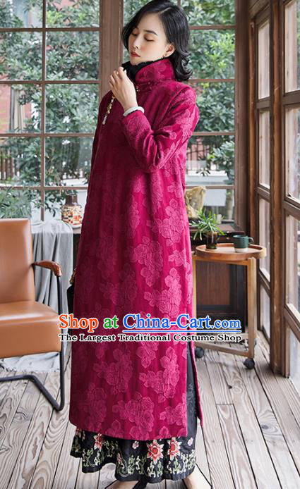 China Rosy Quilted Qipao Dress Traditional National Clothing Women Winter Classical Long Cheongsam