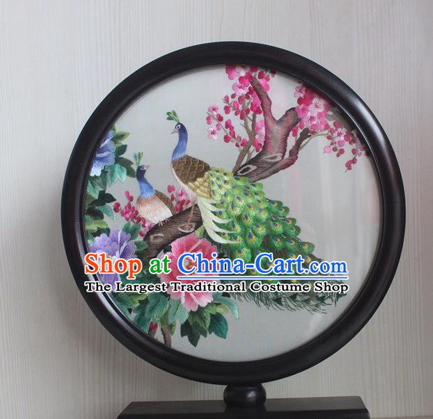 China Handmade Round Desk Screen Traditional Embroidery Peacock Peony Craft Rosewood Table Decoration