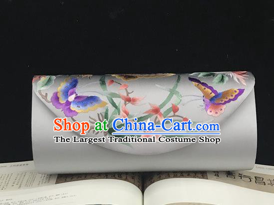 China National Bag Traditional Grey Silk Handbag Handmade Suzhou Embroidery Orchids Clutch Bag