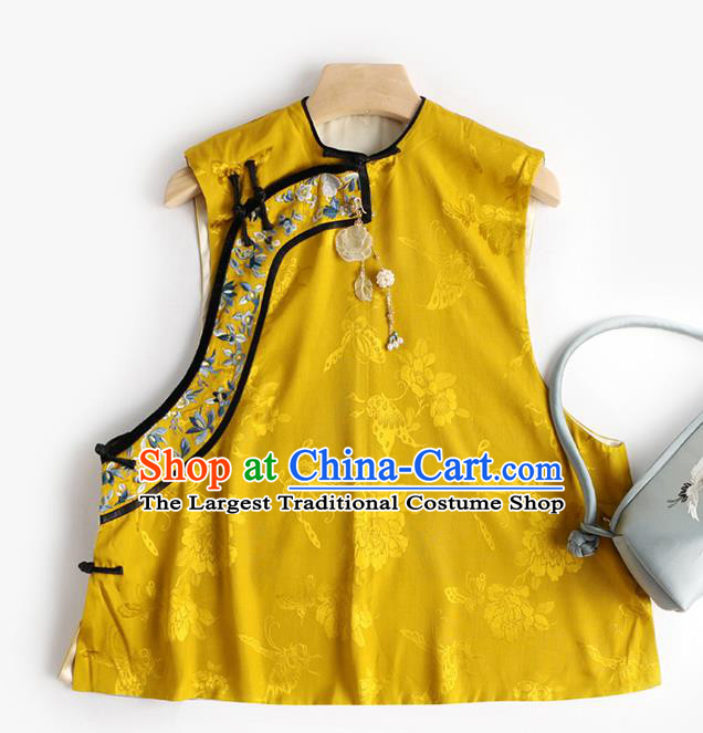 Chinese Traditional Waistcoat Costume Tang Suit Upper Outer Garment Qing Dynasty Yellow Vest