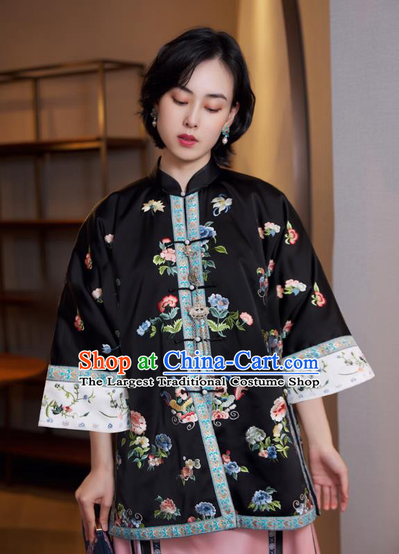 Chinese Qing Dynasty Court Women Black Shirt Tang Suit Upper Outer Garment Traditional Embroidered Blouse Costume