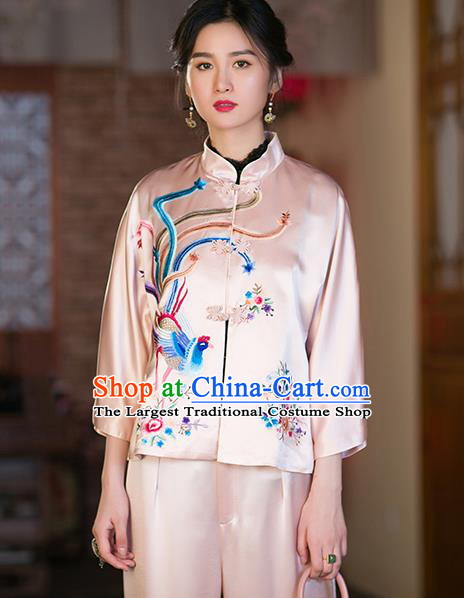 Chinese Tang Suit Pink Satin Shirt Upper Outer Garment Traditional Costume Embroidered Phoenix Blouse