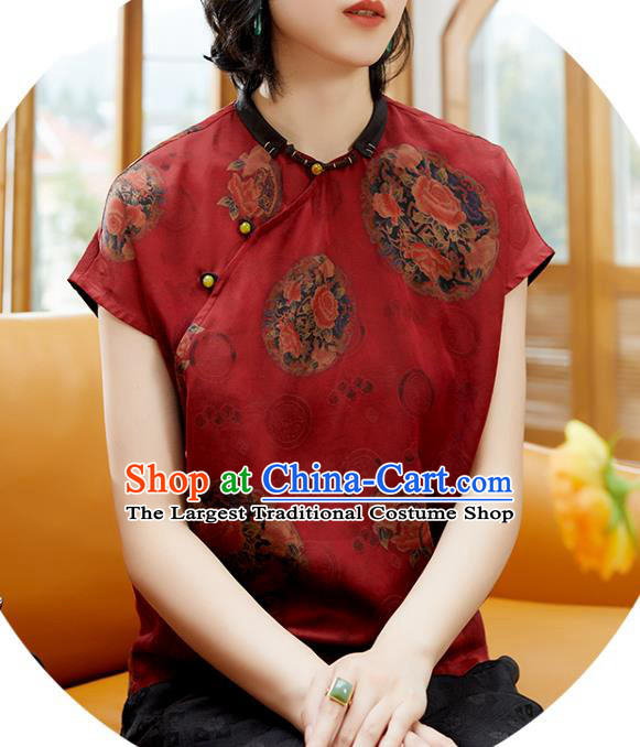 Chinese Classical Peony Pattern Red Silk Shirt Traditional Blouse Upper Outer Garment Tang Suit Costume