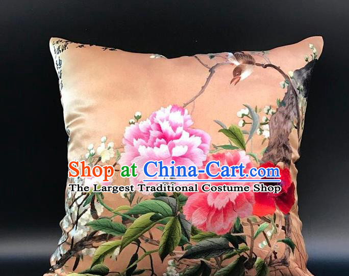 China Traditional Embroidered Peony Orange Silk Pillowslip Suzhou Embroidery Craft