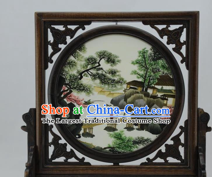 China Handmade Ornaments Embroidered Craft Rosewood Table Decoration Traditional Suzhou Embroidery Landscape Desk Screen