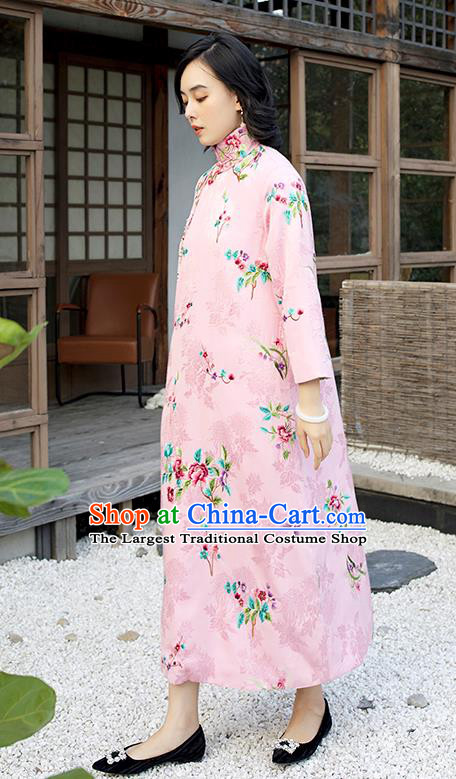 Traditional China National Clothing Pink Satin Qipao Dress Embroidered Orchids Peony Cheongsam for Women