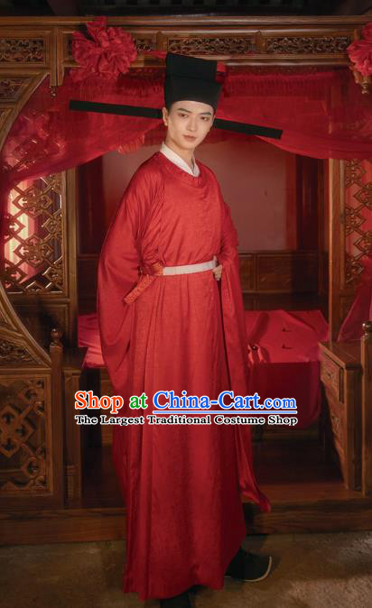 Chinese Song Dynasty Wedding Historical Costumes Traditional Ancient Official Hanfu Apparels Red Robe for Men