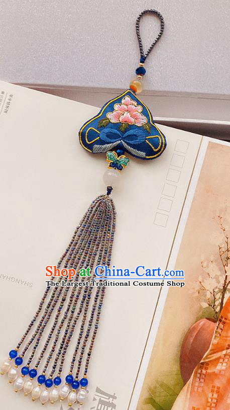 China Traditional Accessories Embroidered Peony Brooch Classical Cheongsam Blue Beads Tassel Pendant