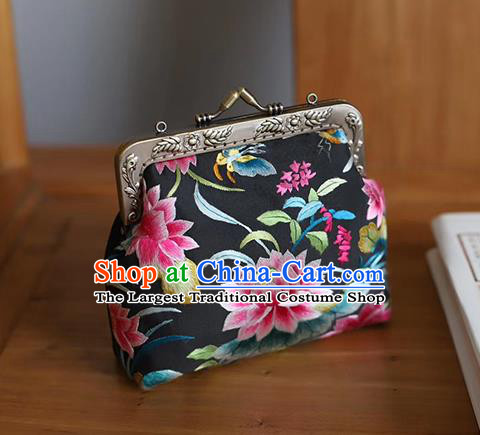 China Suzhou Embroidery Lotus Handbag Traditional Embroidered Black Silk Bag