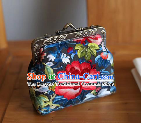 China Traditional Embroidered Black Silk Bag Suzhou Embroidery Peony Handbag for Women