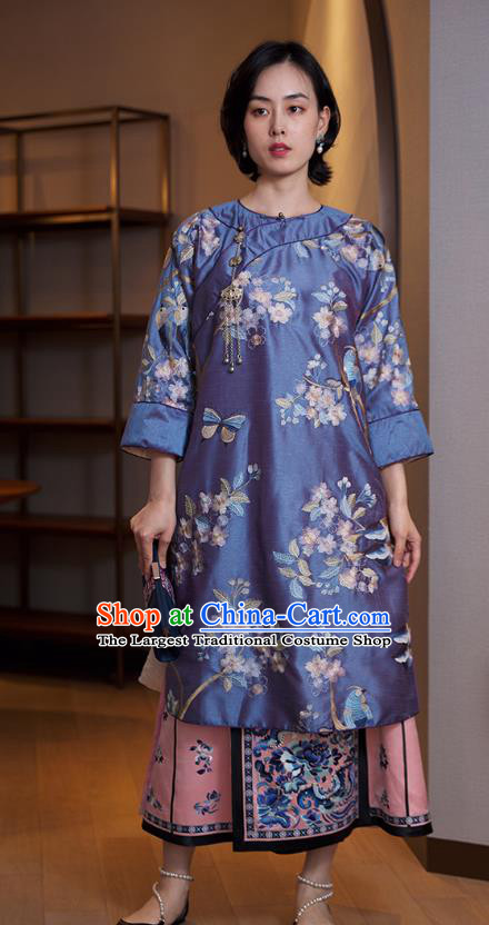 China Traditional Embroidered Blue Cheongsam Classical Silk Qipao Dress National Women Clothing