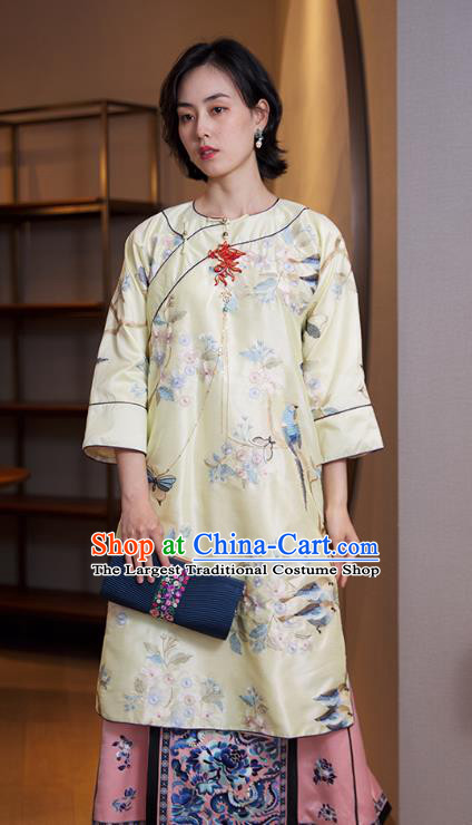 China Traditional Embroidered Light Yellow Cheongsam National Women Clothing Classical Silk Qipao Dress