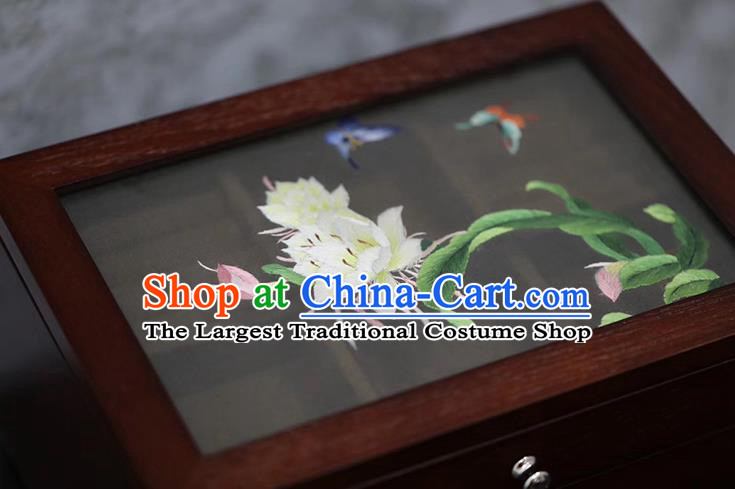 China Handmade Wood Three Layers Jewelry Box Traditional Embroidered Epiphyllum Jewel Case