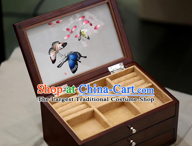 China Handmade Wood Jewelry Box Traditional Embroidered Butterfly Three Layers Jewel Case