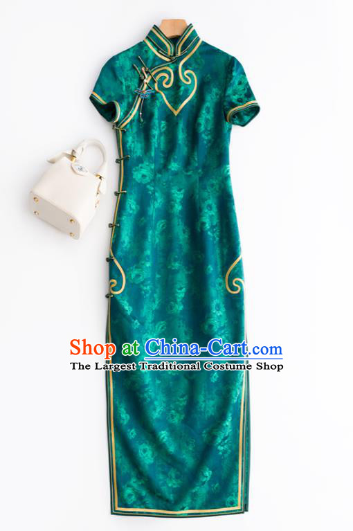 China National Women Clothing Traditional Green Silk Long Cheongsam Classical Printing Qipao Dress