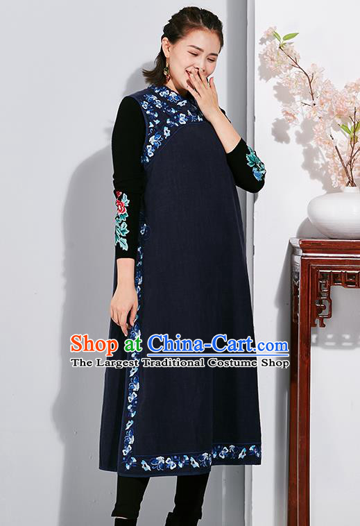 China Traditional Women Classical Flax Dress National Qipao Clothing Tang Suit Embroidered Navy Cheongsam