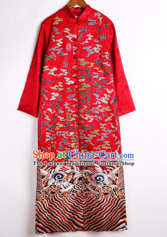 Chinese Tang Suit Dust Coat National Outer Garment Embroidered Red Brocade Costume