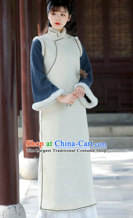 China Tang Suit Beige Woolen Vest and Cheongsam National Winter Qipao Clothing Traditional Women Classical Dress