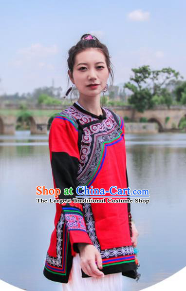 Chinese Yunnan National Costume Embroidered Red Flax Jacket Tang Suit Upper Outer Garment