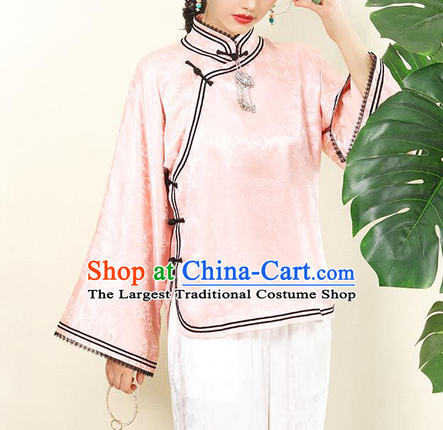 Chinese Traditional Pink Silk Cheongsam Blouse Tang Suit Upper Outer Garment Classical Wide Sleeve Shirt