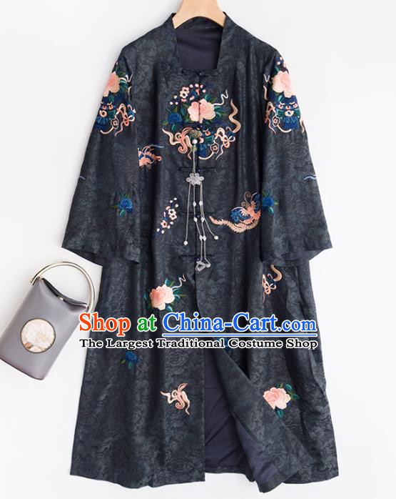 Chinese Traditional Embroidered Costume Classical Black Silk Coat Tang Suit Outer Garment