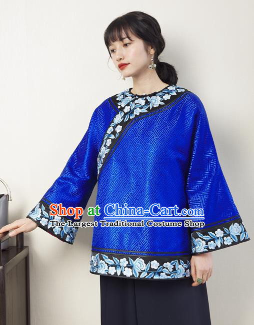 Chinese Traditional Qing Dynasty Royalblue Brocade Coat Embroidered Costume Classical Tang Suit Outer Garment