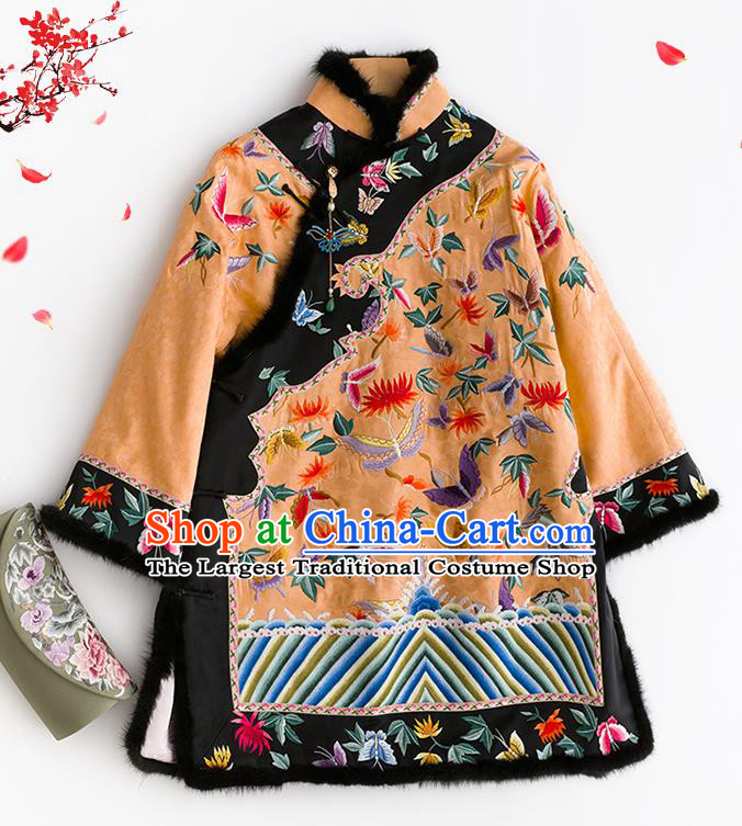 Chinese Traditional Orange Silk Cotton Padded Coat Embroidered Costume Classical Tang Suit Outer Garment Jacket