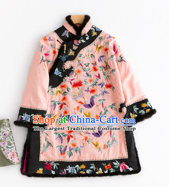 Chinese Classical Tang Suit Outer Garment Coat Traditional Pink Silk Cotton Padded Jacket Embroidered Costume