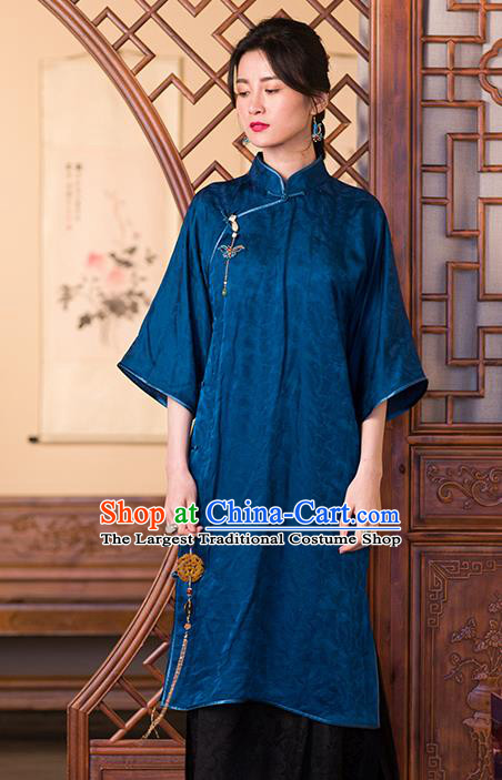 China Classical Cheongsam Traditional Women Clothing Deep Blue Silk Qipao Dress