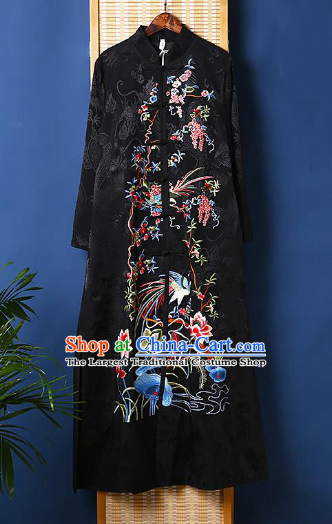 Chinese Traditional National Costume Tang Suit Outer Garment Embroidered Lotus Black Brocade Dust Coat