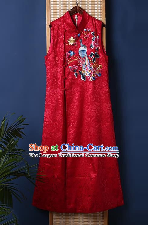 Chinese National Embroidered Phoenix Peony Long Dress Traditional Costume Tang Suit Red Brocade Cheongsam