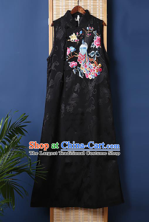 Chinese Tang Suit Black Brocade Cheongsam National Embroidered Phoenix Peony Long Dress Traditional Costume