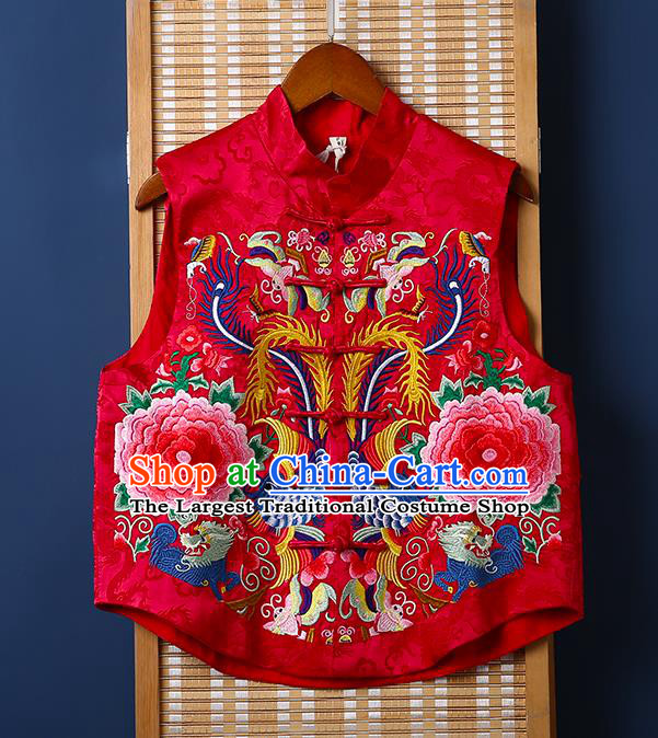 Chinese National Cheongsam Upper Outer Garment Tang Suit Embroidered Red Brocade Vest