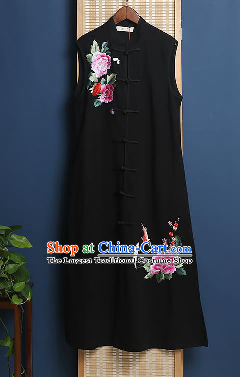 China Classical Cheongsam Traditional Women Dress Clothing Embroidered Black Vest Qipao