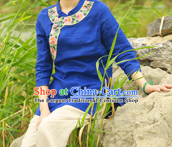 Chinese Tang Suit Blue Flax Blouse Costume Embroidered Shirt National Upper Outer Garment