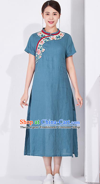 China Classical Blue Flax Cheongsam Traditional Women Dress Embroidered Qipao Clothing