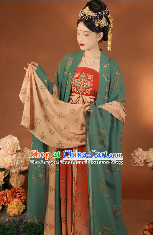 Traditional China Tang Dynasty Imperial Concubine Green Cape and Dress Ancient Court Women Hanfu Clothing