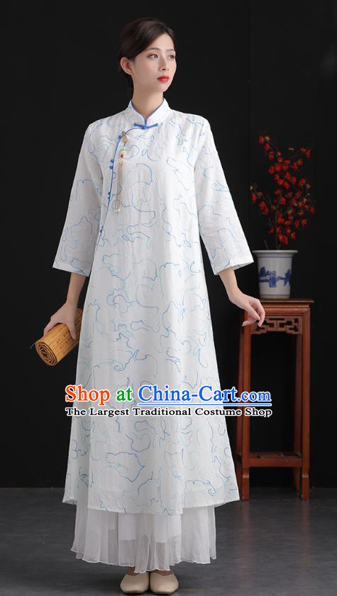 China National White Flax Cheongsam Traditional Women Classical Dress Tea Culture Clothing Tang Suit Embroidered Qipao