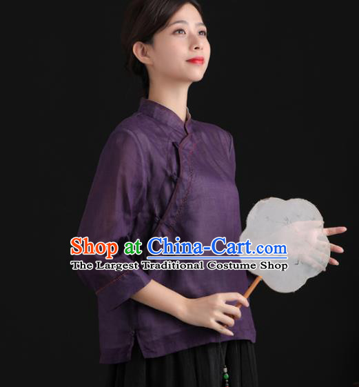 Chinese National Deep Purple Shirt Tang Suit Upper Outer Garment Women Costume Ramine Blouse