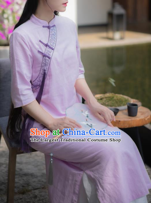 China Tea Culture Clothing National Embroidered Cheongsam Traditional Women Classical Dress Tang Suit Violet Flax Qipao