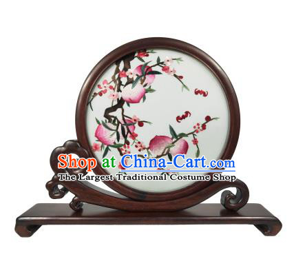 Chinese Traditional Rosewood Decoration Craft Suzhou Embroidery Peach Painting Table Screen Double Side Embroidered Screen