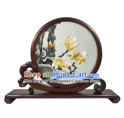 Chinese Suzhou Embroidery Rosewood Craft Embroidered Mangnolia Painting Table Screen Decoration