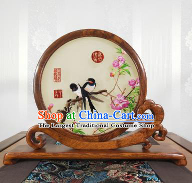 Handmade Flower Bird Painting Table Screen Chinese Embroidered Palisander Decoration Top Grade Suzhou Embroidery Craft