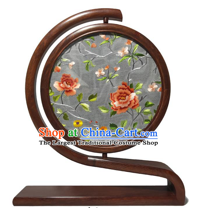 China Traditional Handmade Craft Rosewood Table Screen Embroidered Peony Double Side Screen