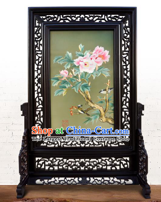 China Embroidered Peony Screen Traditional Home Furnishings Handmade Craft Wood Carving Table Screen