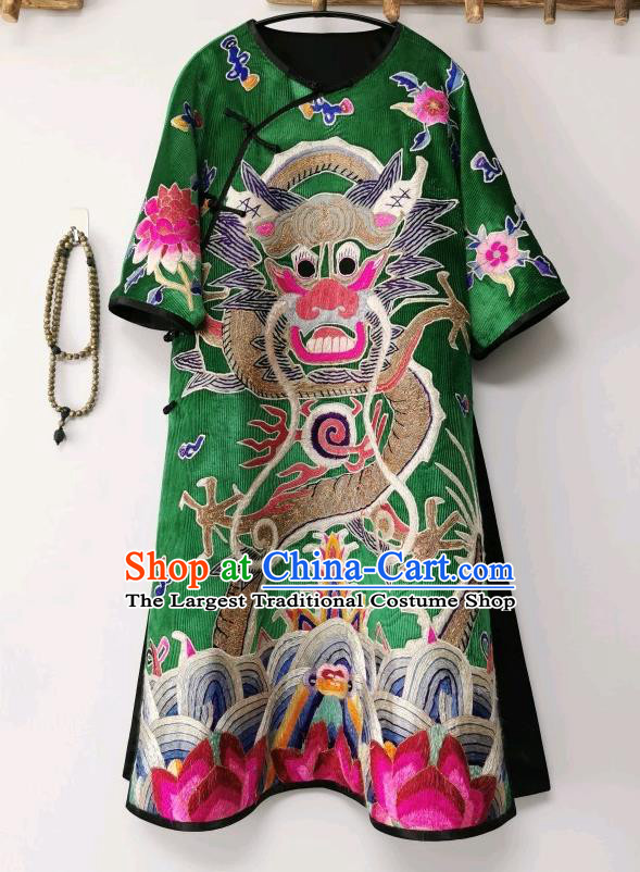 Traditional Chinese Embroidered Dragon Cheongsam Green Corduroy Qipao Dress