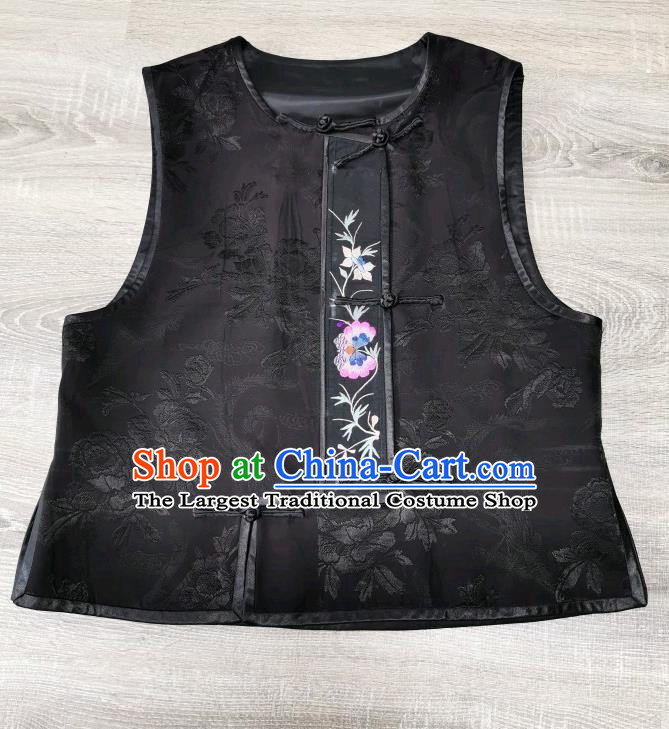 Top Grade China Black Silk Vest Traditional Tang Suit Upper Outer Garment Embroidered Waistcoat