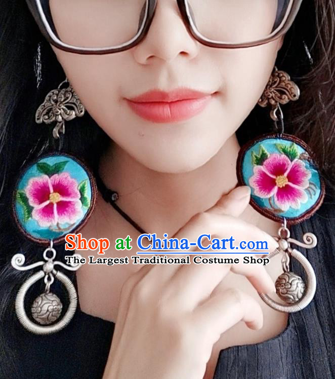 Traditional China Ethnic Blue Embroidered Earrings Silver Jewelry Handmade Ear Accessories for Women